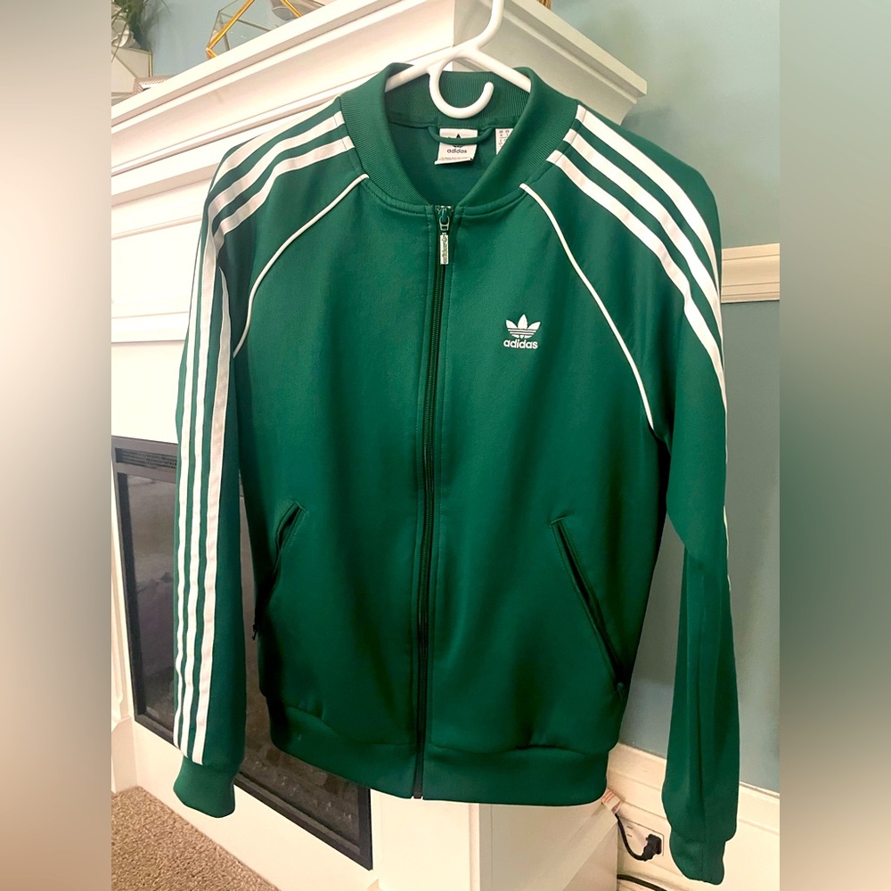 Green and white striped adidas jacket, women’s size small